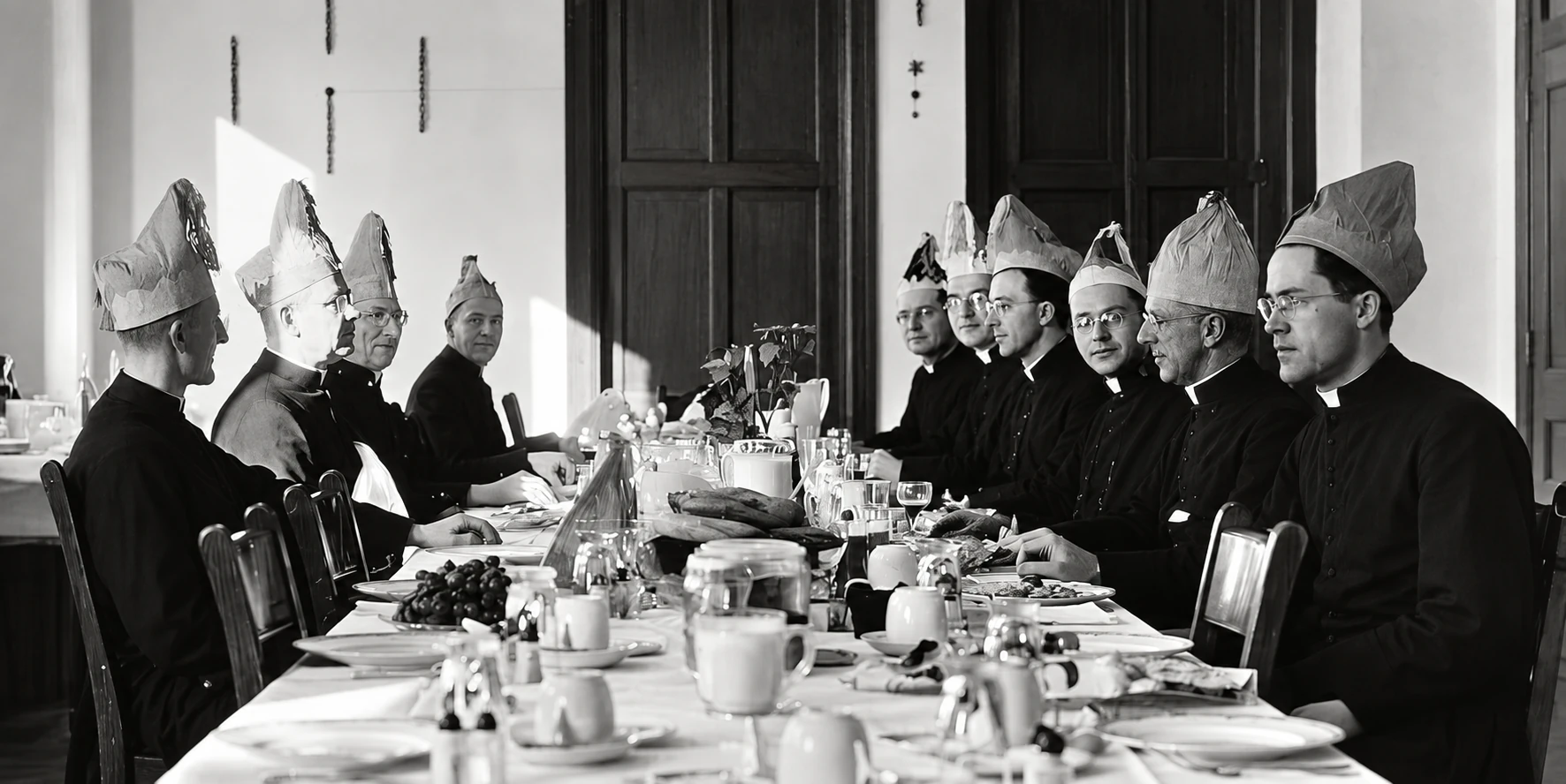 The Fathers celebrating in the refectory, 1947