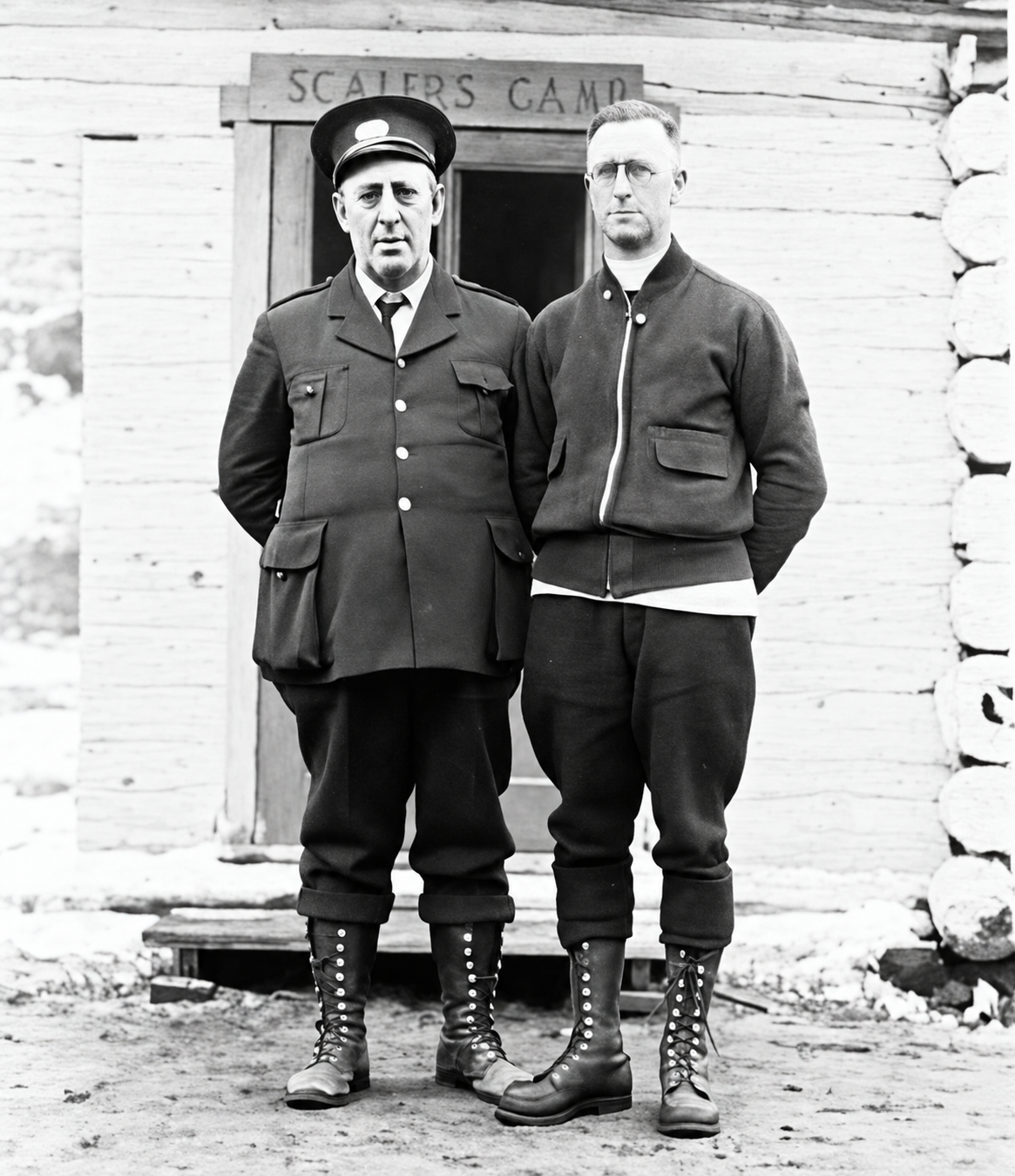 Deux missionnaires devant un camp forestier, photographie d’archives restaurée