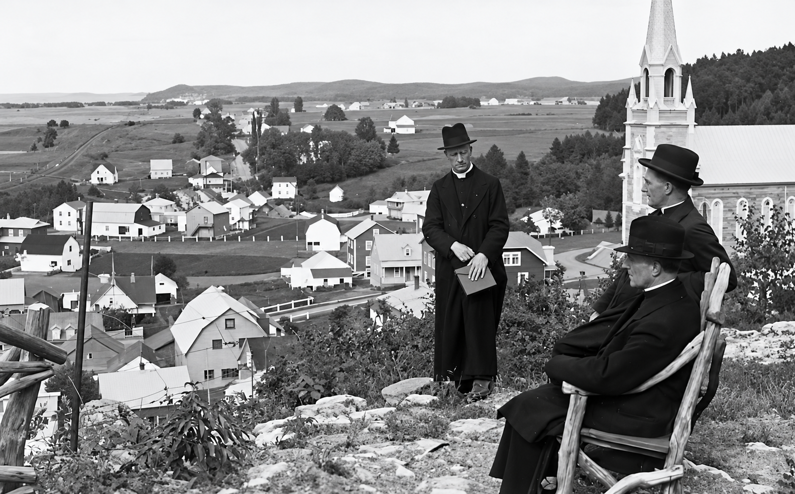 Le Père Lucien Bourque avec les Pères Jauffret et Tressel à Pointe-au-Père, photographie restaurée