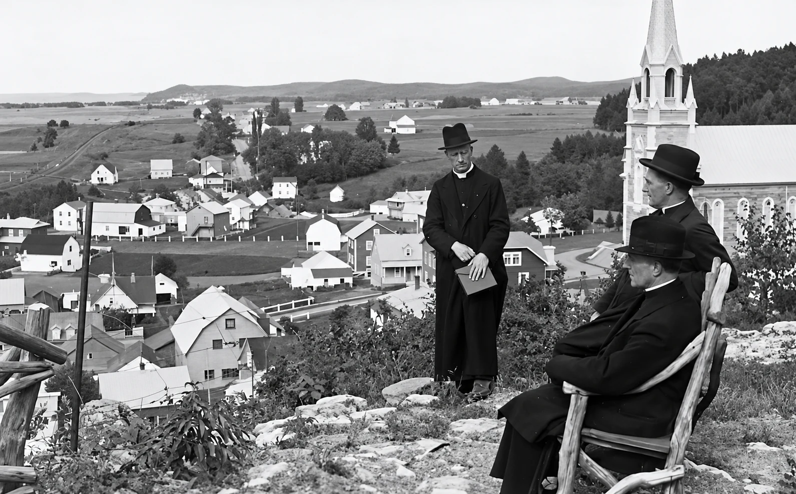 Padre Lucien Bourque con i padri Jauffret e Tressel a Pointe-au-Père, fotografia restaurata